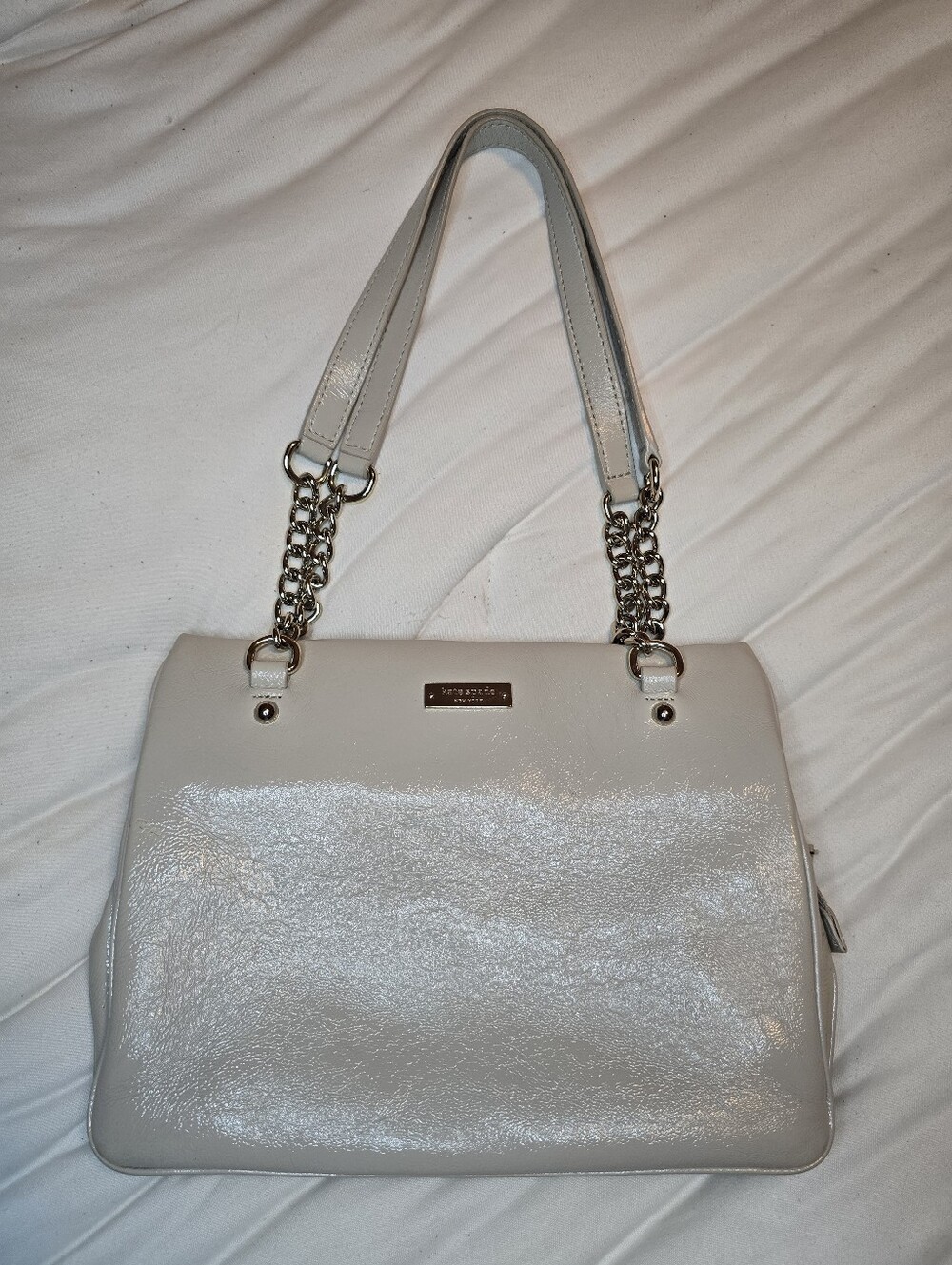 kate spade Cream Patent Leather Shoulder Bag with Silver Chain Straps